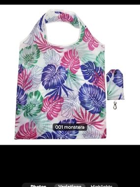 Tropical Monstera Print Reusable Tote Bag - Pink, Purple, Green NWOT